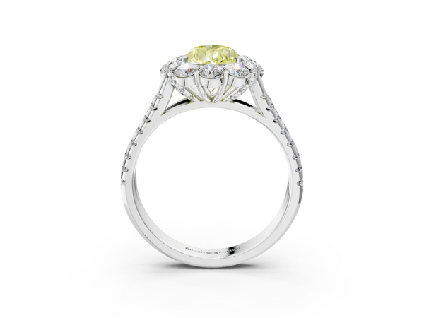 Platinum Fancy Yellow Pear  Halo Split Shank Diamond Engagement Ring with Pave Band and Four-Prong Setting
