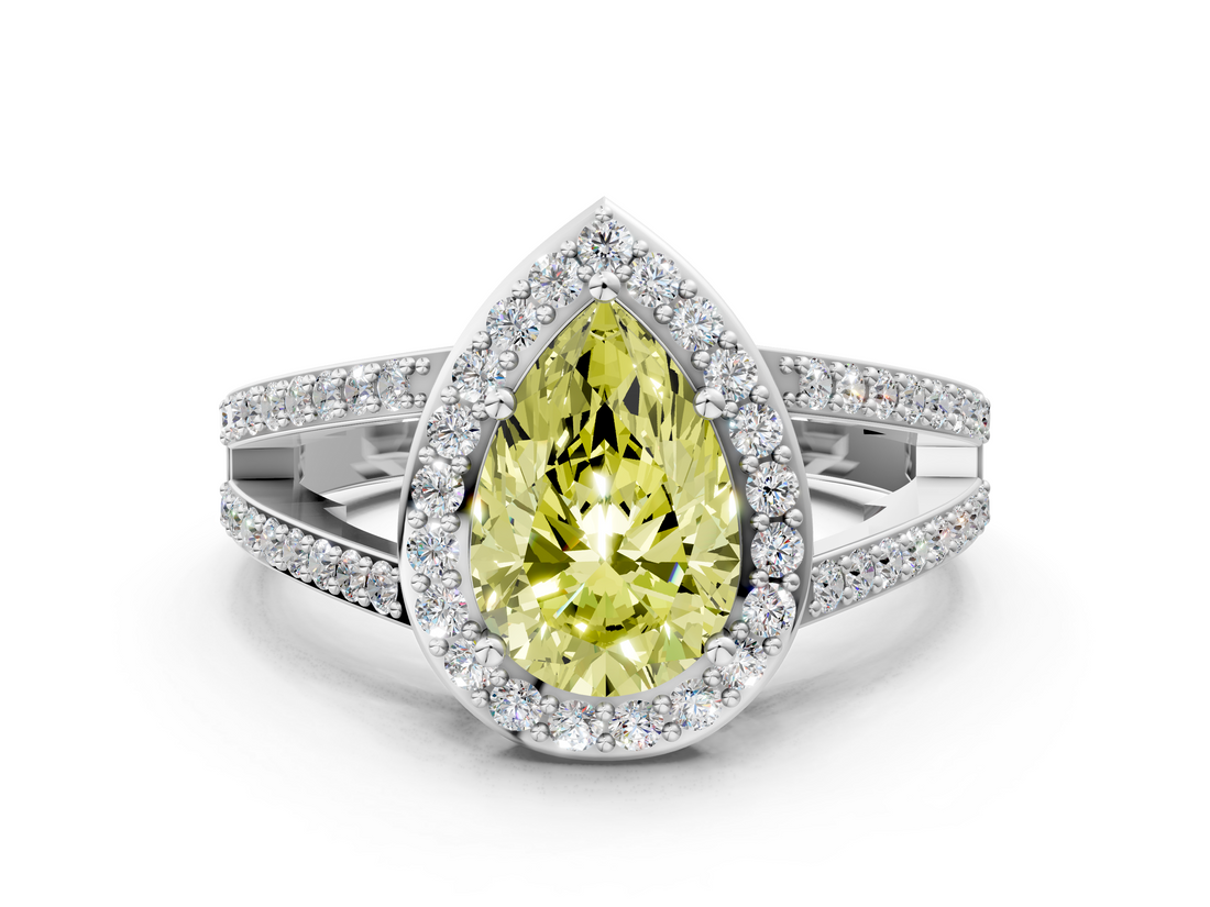 White gold Fancy Yellow Pear  Halo Split Shank Diamond Ring with Four-Prong Setting_32