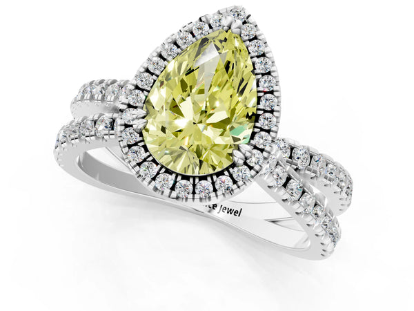 Platinum Fancy Yellow Pear  Halo Split Shank Diamond Ring with Pavé Setting