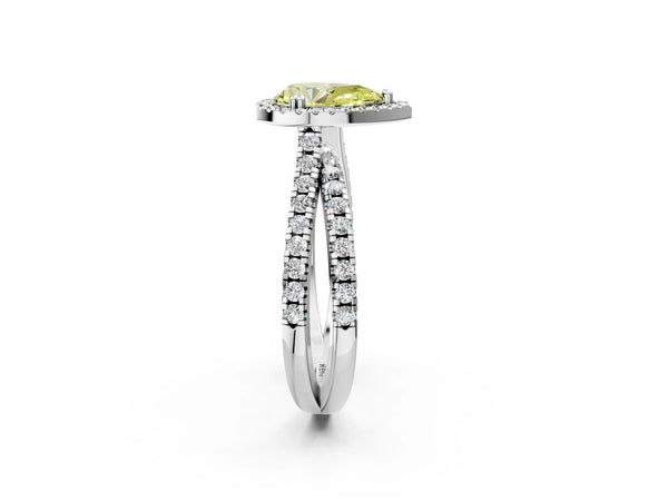 Platinum Fancy Yellow Pear  Halo Split Shank Diamond Ring with Pavé Setting