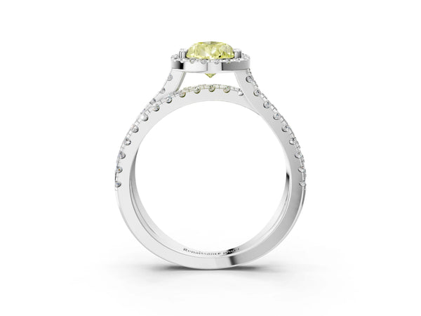 Platinum Fancy Yellow Pear  Halo Split Shank Diamond Ring with Pavé Setting
