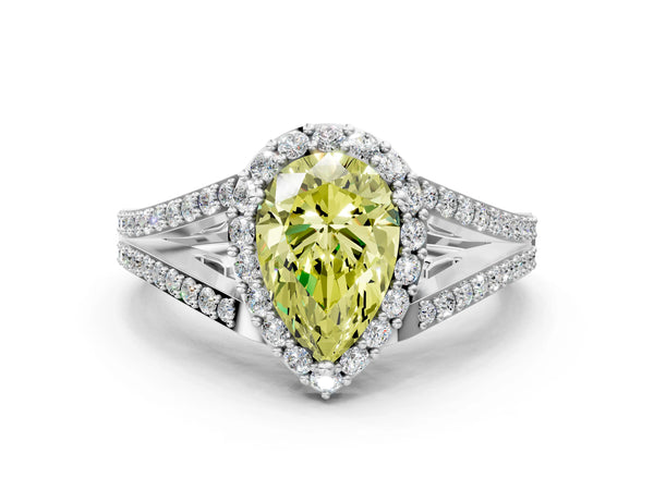 White gold Fancy Yellow Pear  Halo Split Shank Pave Diamond Ring with Four-Prong Setting