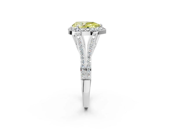 White gold Fancy Yellow Pear  Halo Split Shank Pave Diamond Ring with Four-Prong Setting