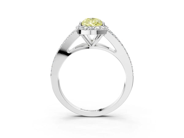 White gold Fancy Yellow Pear  Halo Split Shank Pave Diamond Ring with Four-Prong Setting