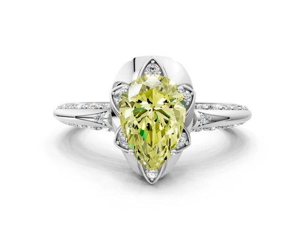 White gold Fancy Yellow Pear  Halo Split Shank Pave Diamond Ring with Petal Prong Setting