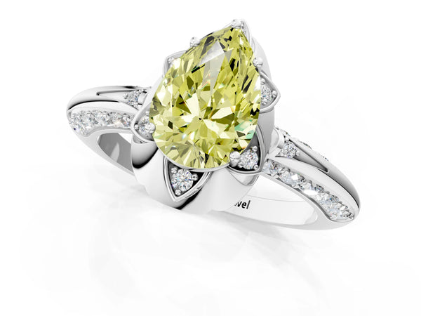 White gold Fancy Yellow Pear  Halo Split Shank Pave Diamond Ring with Petal Prong Setting