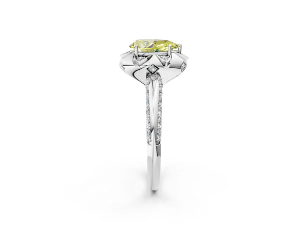 White gold Fancy Yellow Pear  Halo Split Shank Pave Diamond Ring with Petal Prong Setting