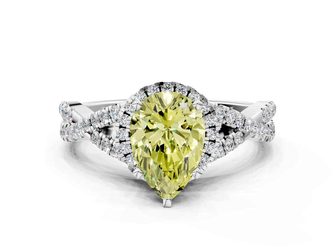 White gold Fancy Yellow Pear  Halo Twist Band Solitaire Prong Setting Ring_76