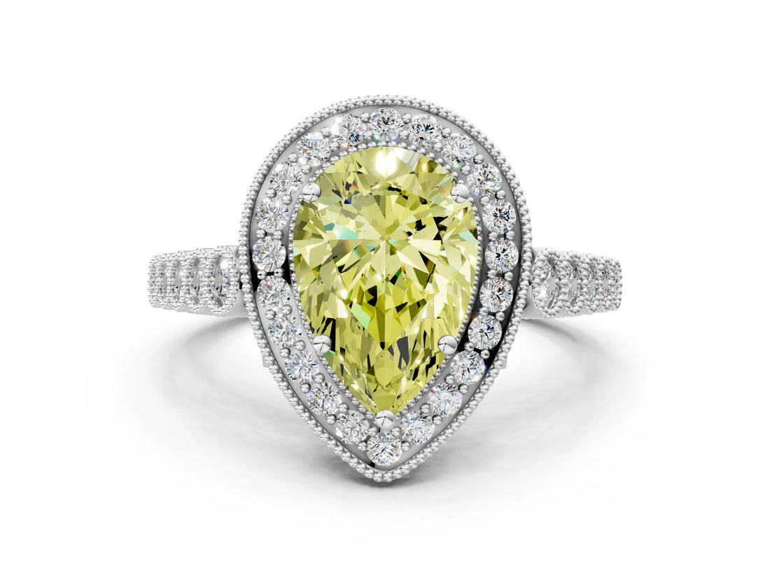 White gold Fancy Yellow Pear  Halo Twist Band Solitaire Ring with Six-Prong Setting_32