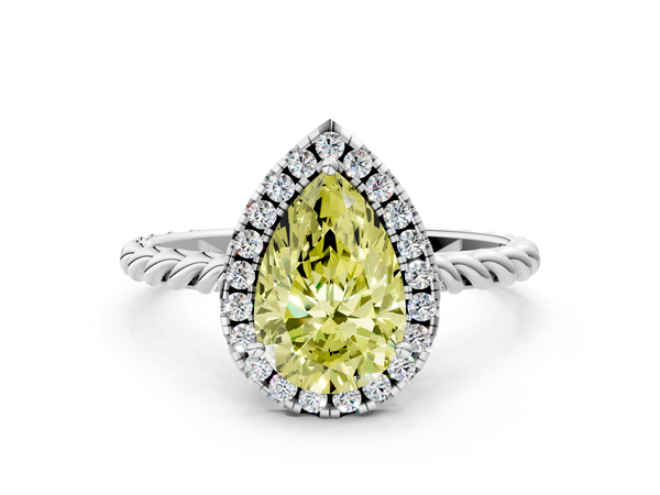 Platinum Fancy Yellow Pear  Halo Twisted Band Four-Prong Diamond Ring