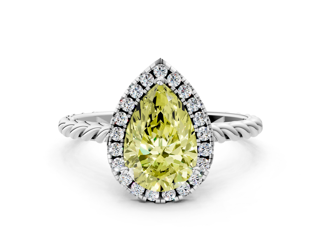 White gold Fancy Yellow Pear  Halo Twisted Band Four-Prong Diamond Ring_20