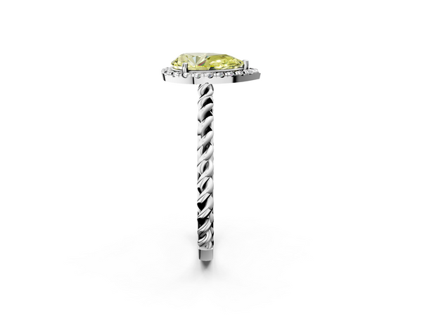 Platinum Fancy Yellow Pear  Halo Twisted Band Four-Prong Diamond Ring
