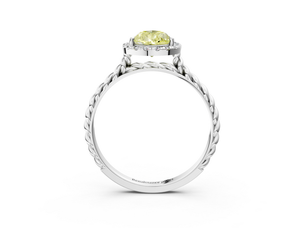 Platinum Fancy Yellow Pear  Halo Twisted Band Four-Prong Diamond Ring