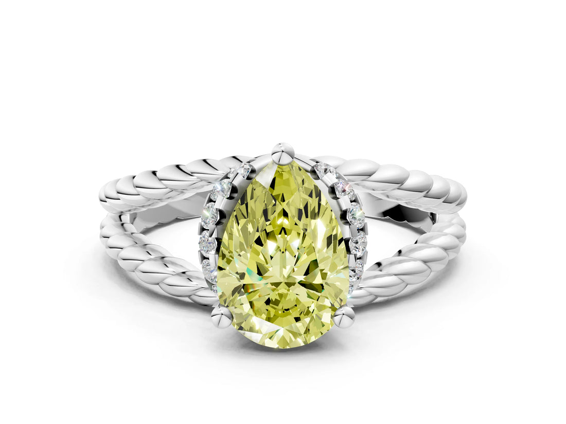 White gold Fancy Yellow Pear  Halo Twisted Band Four-Prong Ring_32
