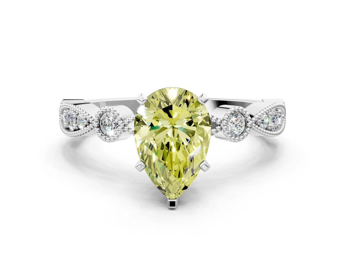 White gold Fancy Yellow Pear  Milgrain Bezel Diamond Engagement Ring with Solitaire Prong Setting_175