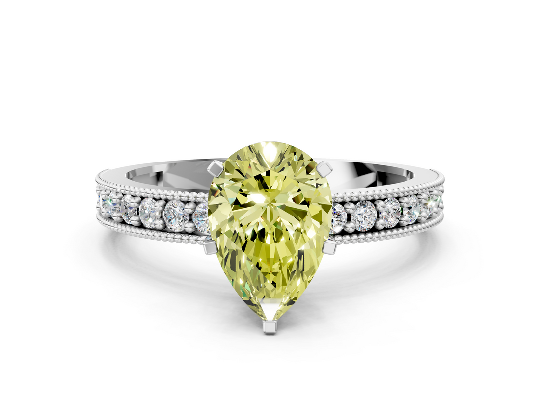 White gold Fancy Yellow Pear  Milgrain Pave Diamond Engagement Ring with Four-Prong Setting_157