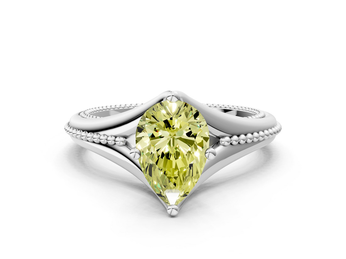 White gold Fancy Yellow Pear  Solitaire Beaded Band Six-Prong Setting