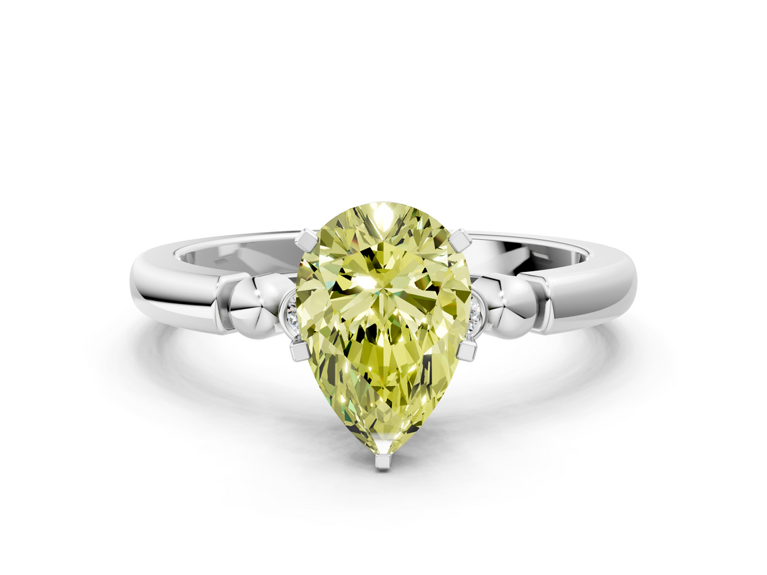 White gold Fancy Yellow Pear  Solitaire Beaded Band with Four-Prong Setting_70