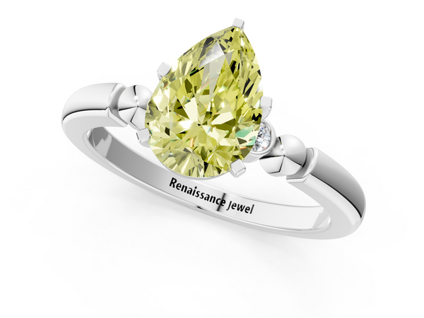Platinum Fancy Yellow Pear  Solitaire Beaded Band with Four-Prong Setting