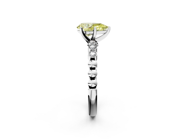 White gold Fancy Yellow Pear  Solitaire Bezel Accent Diamond Engagement Ring with Beaded Band and Four-Prong Setting