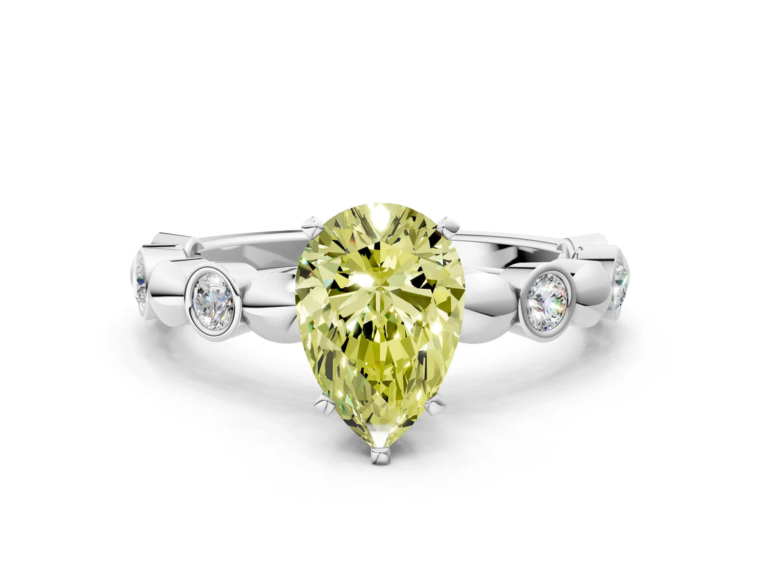 White gold Fancy Yellow Pear  Solitaire Bezel-Set Diamond Ring with Beaded Band and Four-Prong Setting_32