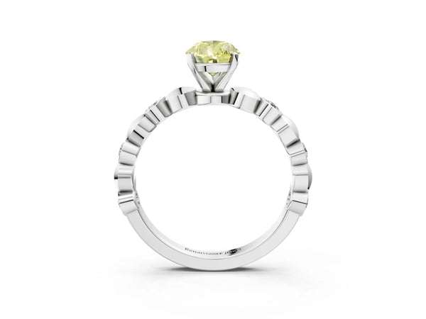 Platinum Fancy Yellow Pear  Solitaire Bezel-Set Diamond Ring with Beaded Band and Four-Prong Setting