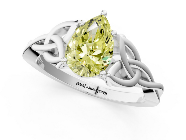 Platinum Fancy Yellow Pear Cut Diamond Solitaire Engagement Ring with Celtic Knot Band and Four-Prong Setting
