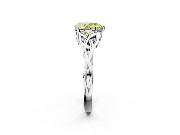 Platinum Fancy Yellow Pear Cut Diamond Solitaire Engagement Ring with Celtic Knot Band and Four-Prong Setting