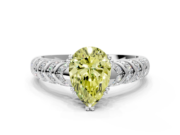 Platinum Fancy Yellow Pear  Solitaire Chevron Pave Diamond Engagement Ring with Six-Prong Setting