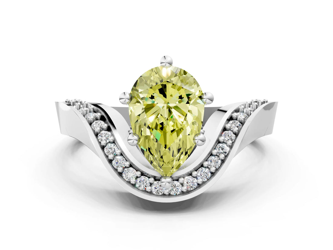 White gold Fancy Yellow Pear  Solitaire Diamond Engagement Ring with Pave Band and Four-Prong Setting 2