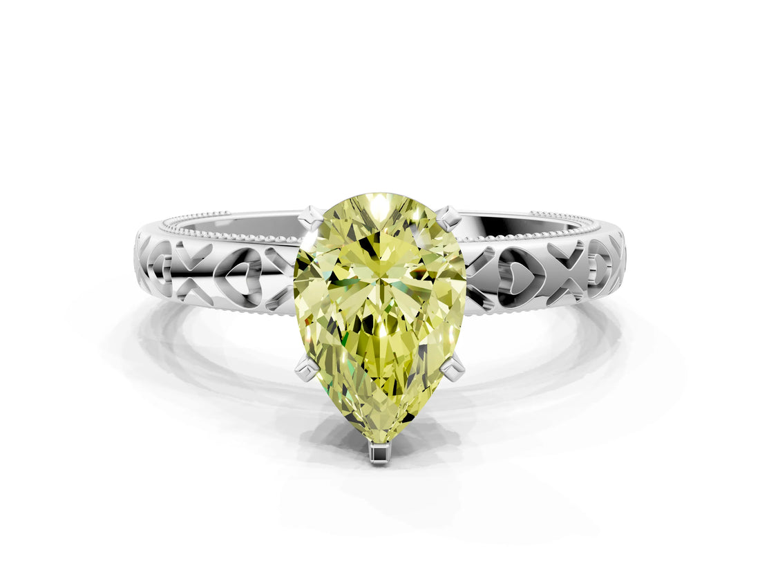 White gold Fancy Yellow Pear  Solitaire Diamond Engagement Ring with XO Engraved Band and Four-Prong Setting 1