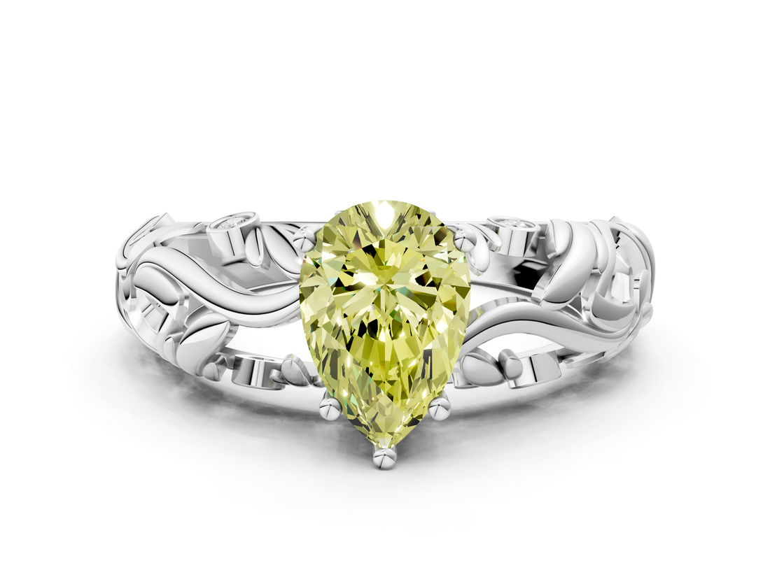 White gold Fancy Yellow Pear  Solitaire Diamond Leaf Vine Band with Prong Setting_59