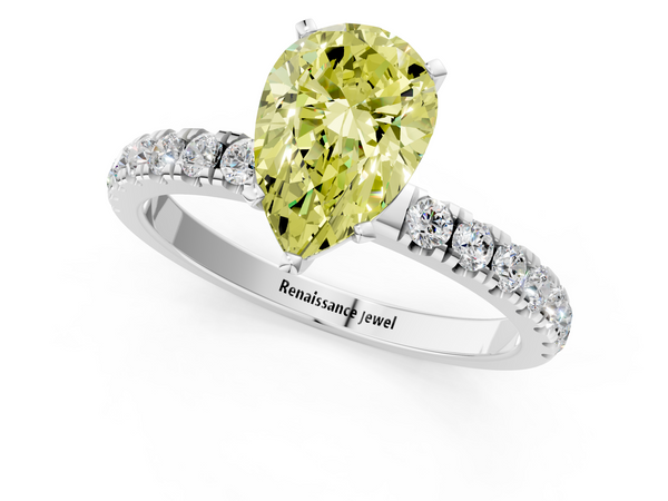 Platinum Fancy Yellow Pear Cut Diamond Solitaire Ring with Pavé Accents and Four-Prong Setting