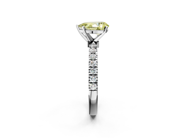Platinum Fancy Yellow Pear Cut Diamond Solitaire Ring with Pavé Accents and Four-Prong Setting