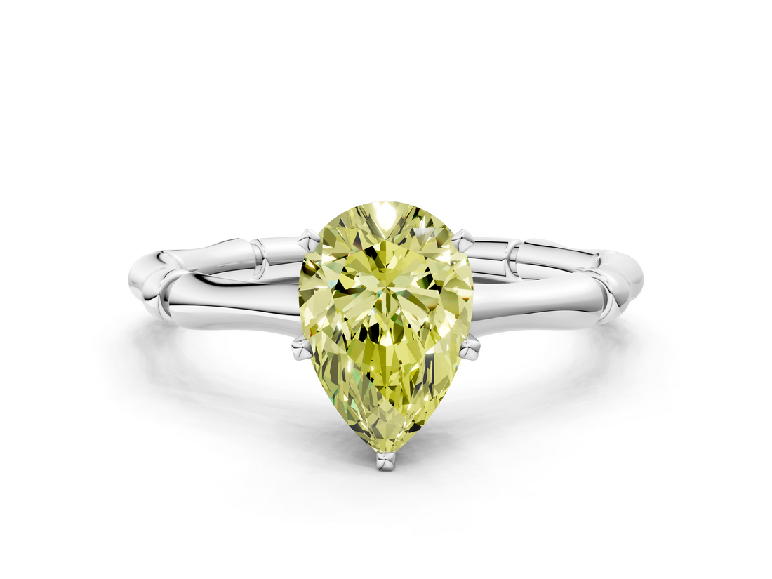 White gold Fancy Yellow Pear  Solitaire Diamond Ring with Bamboo Band and Four-Prong Setting_57