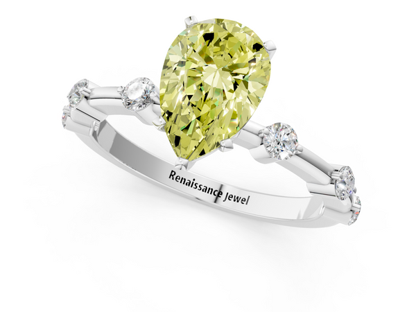 Platinum Fancy Yellow Pear  Solitaire Diamond Ring with Bezel Set Side Stones and Prong Setting