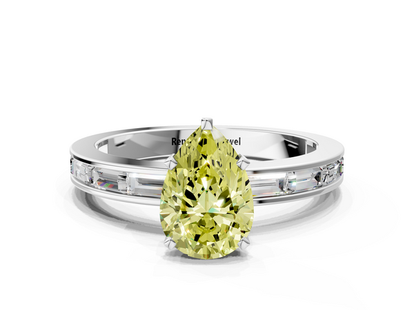 Platinum Fancy Yellow Pear  Solitaire Diamond Ring with Channel-Set Baguette Band and Four-Prong Setting