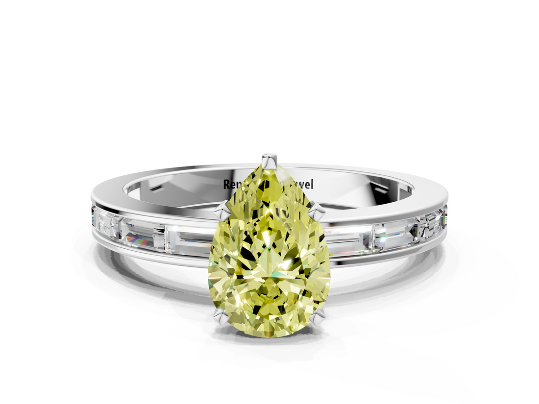 White gold Fancy Yellow Pear  Solitaire Diamond Ring with Channel-Set Baguette Band and Four-Prong Setting_85