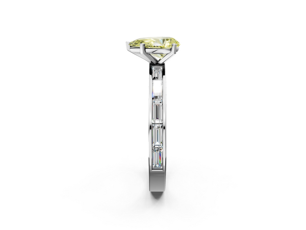 Platinum Fancy Yellow Pear  Solitaire Diamond Ring with Channel-Set Baguette Band and Four-Prong Setting