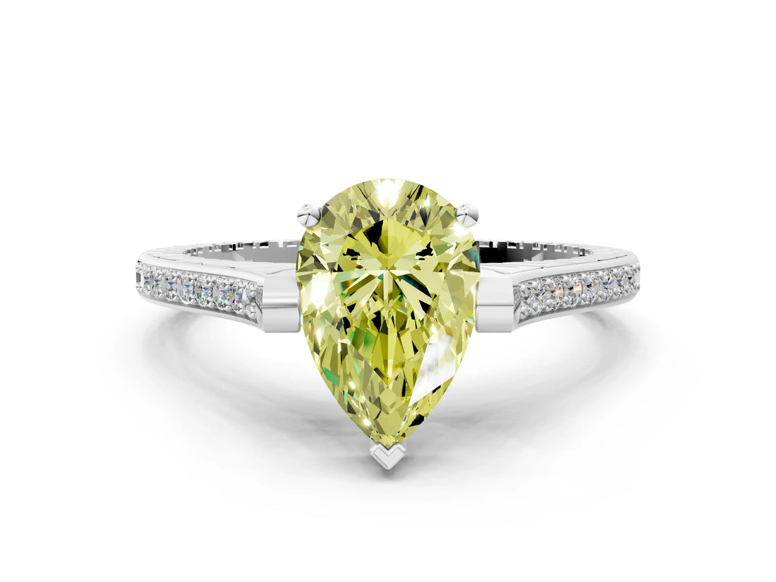 White gold Fancy Yellow Pear  Solitaire Diamond Ring with Channel Set Band and Bezel Prong Setting_56