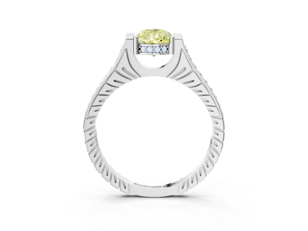 White gold Fancy Yellow Pear  Solitaire Diamond Ring with Channel Set Band and Bezel Prong Setting