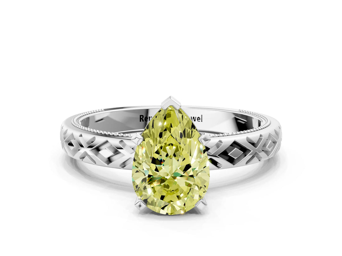 White gold Fancy Yellow Pear  Solitaire Diamond Ring with Milgrain and Black Enamel X Pattern Band_169