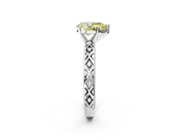 Platinum Fancy Yellow Pear  Solitaire Diamond Ring with Milgrain and Black Enamel X Pattern Band