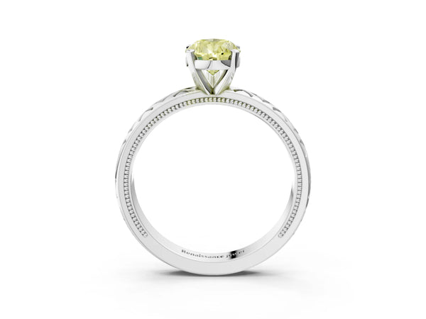 Platinum Fancy Yellow Pear  Solitaire Diamond Ring with Milgrain and Black Enamel X Pattern Band