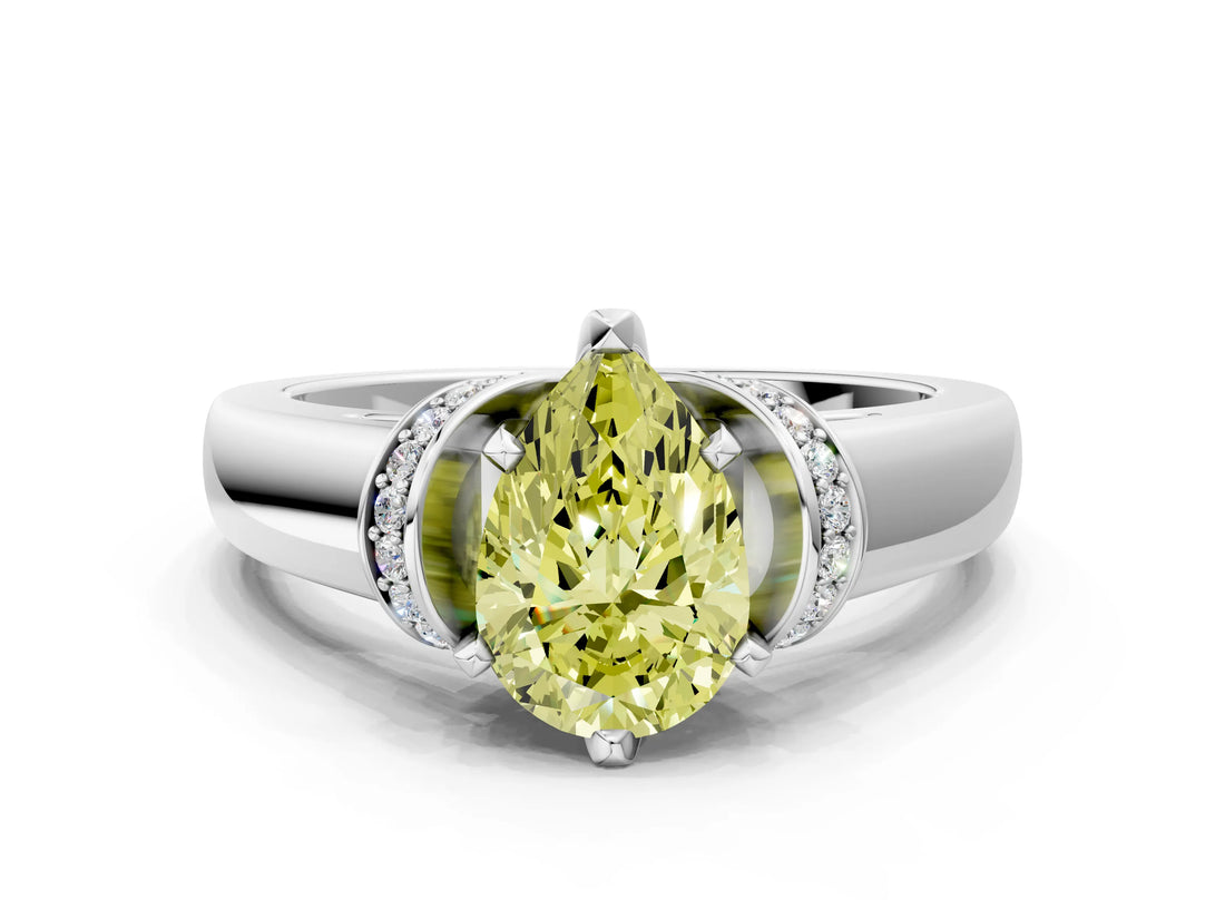 White gold Fancy Yellow Pear  Solitaire Diamond Ring with Pave Band and Six-Prong Setting_32