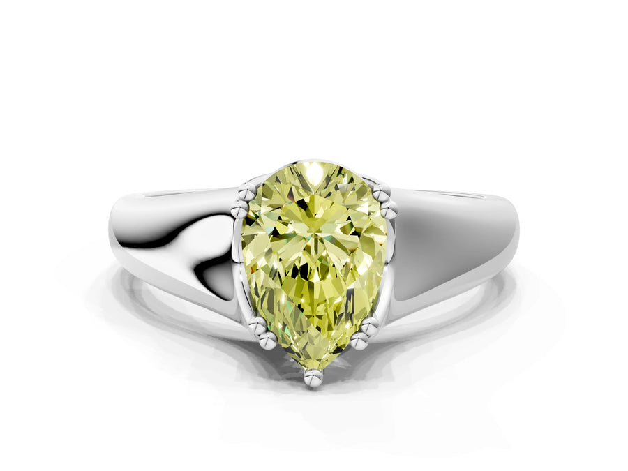 White gold Fancy Yellow Pear Cut Diamond Solitaire Ring with Wide Band and Prong Setting