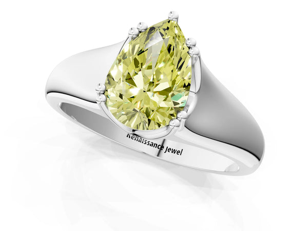 White gold Fancy Yellow Pear Cut Diamond Solitaire Ring with Wide Band and Prong Setting