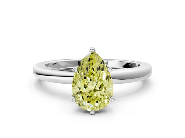 White gold Fancy Yellow Pear  Solitaire Diamond Ring with Six-Prong Setting on a Classic Band