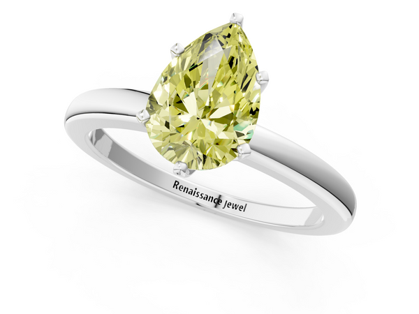 White gold Fancy Yellow Pear  Solitaire Diamond Ring with Six-Prong Setting on a Classic Band