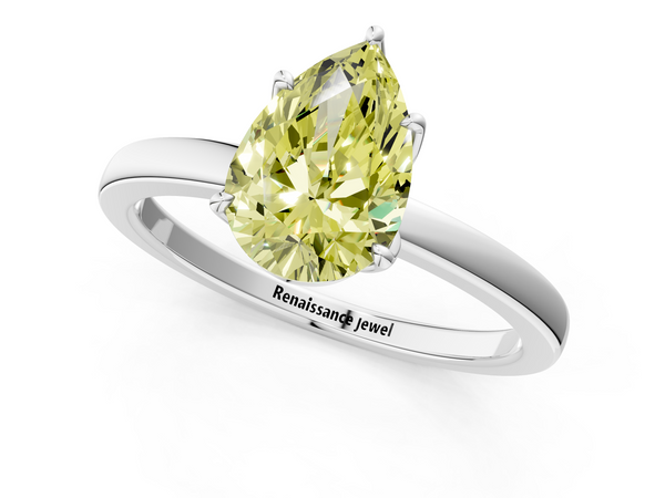 White gold Fancy Yellow Pear  Solitaire Diamond Ring with Thin Band and Four-Prong Setting